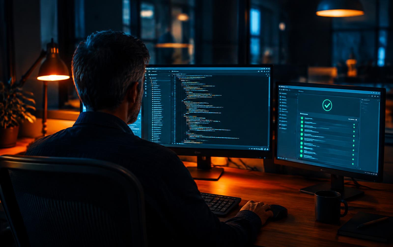 Engineer reviewing AI written code next to a passing test report