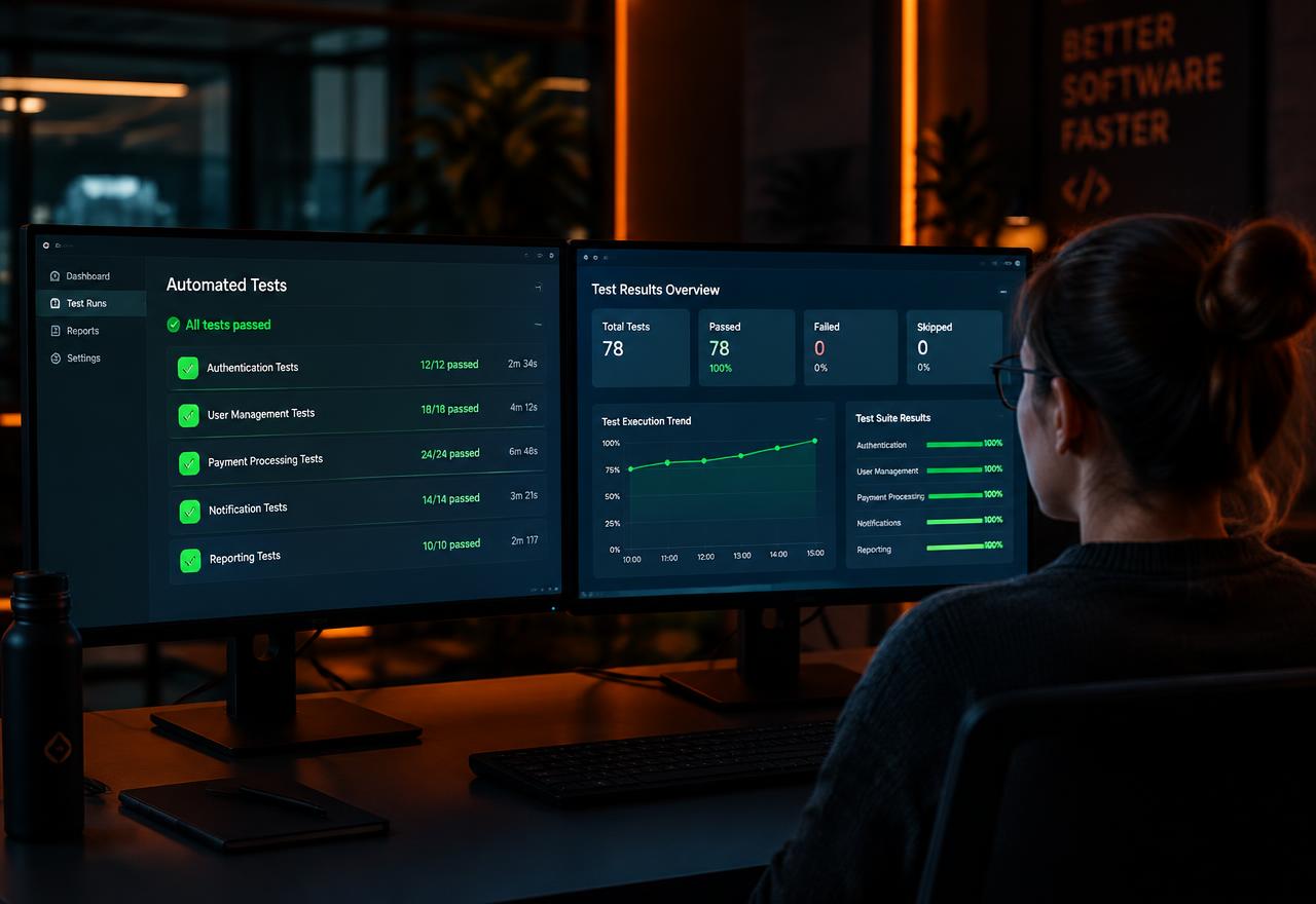 QA Engineer reviewing test results across two screens